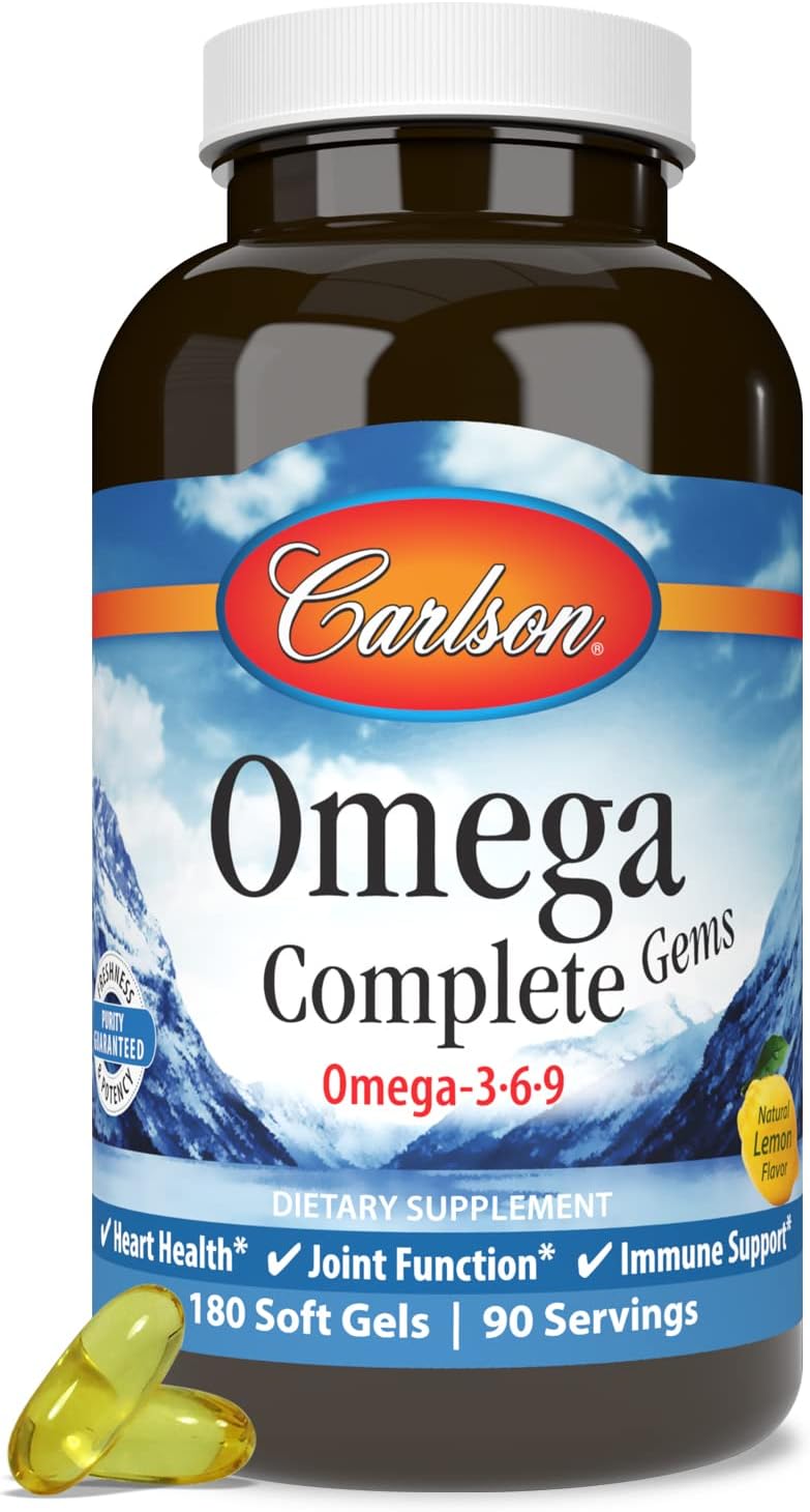 Carlson - Omega Complete Gems, Omega-3-6-9, Wild Caught, Sustainably Sourced, Heart Health, Joint Function & Immune Support, 180 Softgels : Health & Household