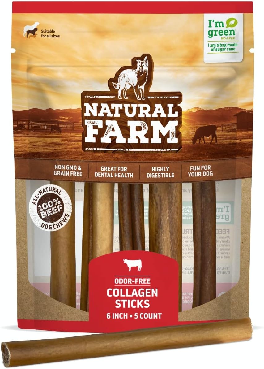 Natural Farm Collagen Sticks 6-Inch Dog Chews - Odor-Free, 95% Natural Collagen Supports Healthy Joints, Skin & Coat - Small, Medium Dogs – Lasts 20% More (6 inch, 5 Pack)