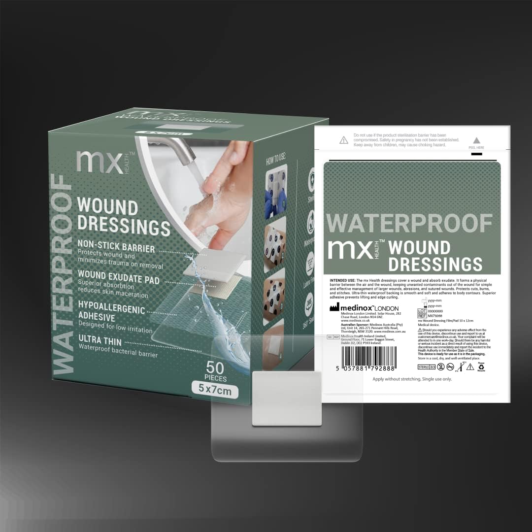 mx HEALTH Waterproof Wound Dressing Film+PAD - 5X7CM (2.5X4CM Wound PAD) - 50 Individually Wrapped DRESSINGS PER Box : Amazon.co.uk: Health & Personal Care