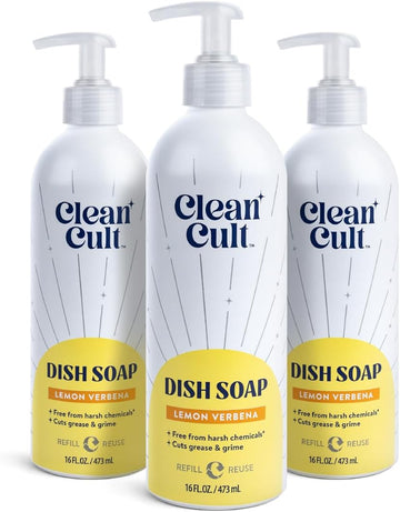Cleancult - Lemon Verbena - Liquid Dish Soap - Refillable Aluminum Bottle - Dish Soap that Cuts Grease & Grime - 16 oz - 3 Pack