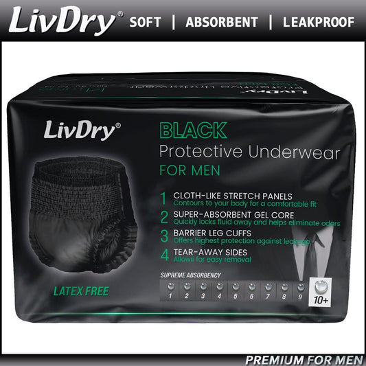 LivDry Adult Incontinence Underwear for Men, Premium Black Series, Ultimate Leak Protection, Large 14-Pack