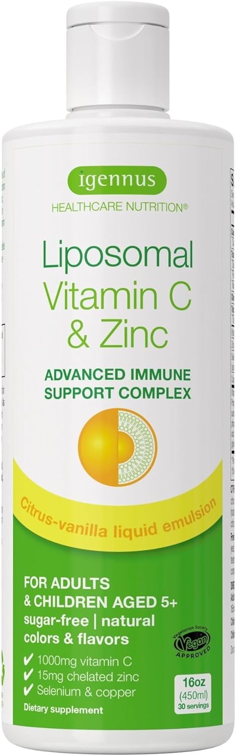 High Absorption Liposomal Vitamin C 1000Mg & Zinc Bisglycinate By Igennus, Advanced Liquid Immune Support, Usa Made & Non-Gmo, Sugar-Free, Zesty Citrus & Vanilla Flavor, 30 Servings