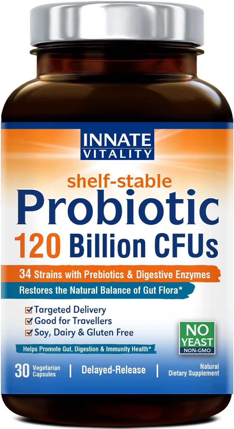 Innate Vitality Probiotics 120 Billion Cfus 34 Strains With Prebiotics & Digestive Enzymes, Digestion & Immunity Health For Women & Men, Shelf Stable, 30 Vegan Capsules