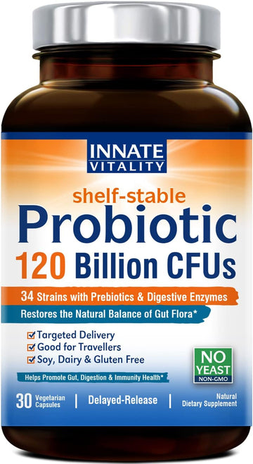 Innate Vitality Probiotics 120 Billion Cfus 34 Strains With Prebiotics & Digestive Enzymes, Digestion & Immunity Health For Women & Men, Shelf Stable, 30 Vegan Capsules