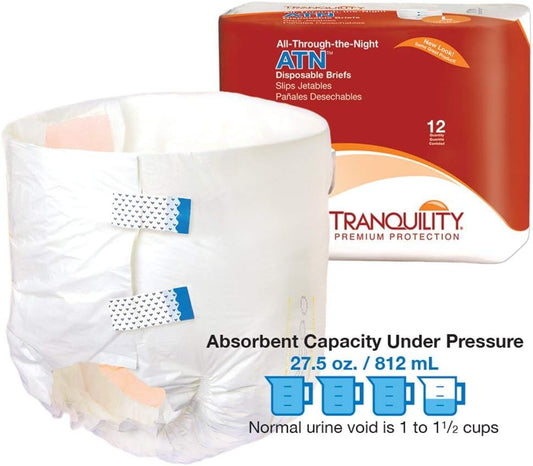 Tranquility Atn Adult Disposable Briefs, Refastenable Tabs With All-Through-The-Night Protection, L (45"-58") - 12Ct (Pack Of 6)