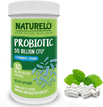 NATURELO Probiotic - Ultra Strength - 50 Billion CFU - 11 Lacto & Bifido Strains - One Daily - Gut-Friendly Bacteria - No Refrigeration Needed - 30 Vegan Capsules | 1 Month Supply