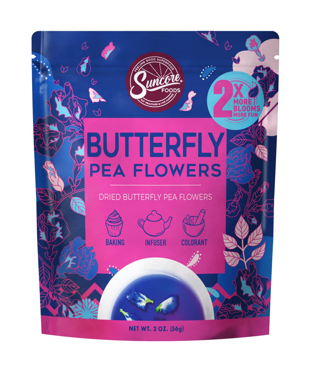 Suncore Foods Dried Butterfly Pea Flowers Bloom, Caffeine-Free Tea, Gluten-Free, Non-GMO, 2oz (1 Pack)