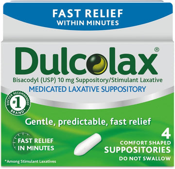 Dulcolax Stimulant Laxative Medicated Suppositories Fast Relief, Rectal Use Only, Bisacodyl 10mg, 4 Count