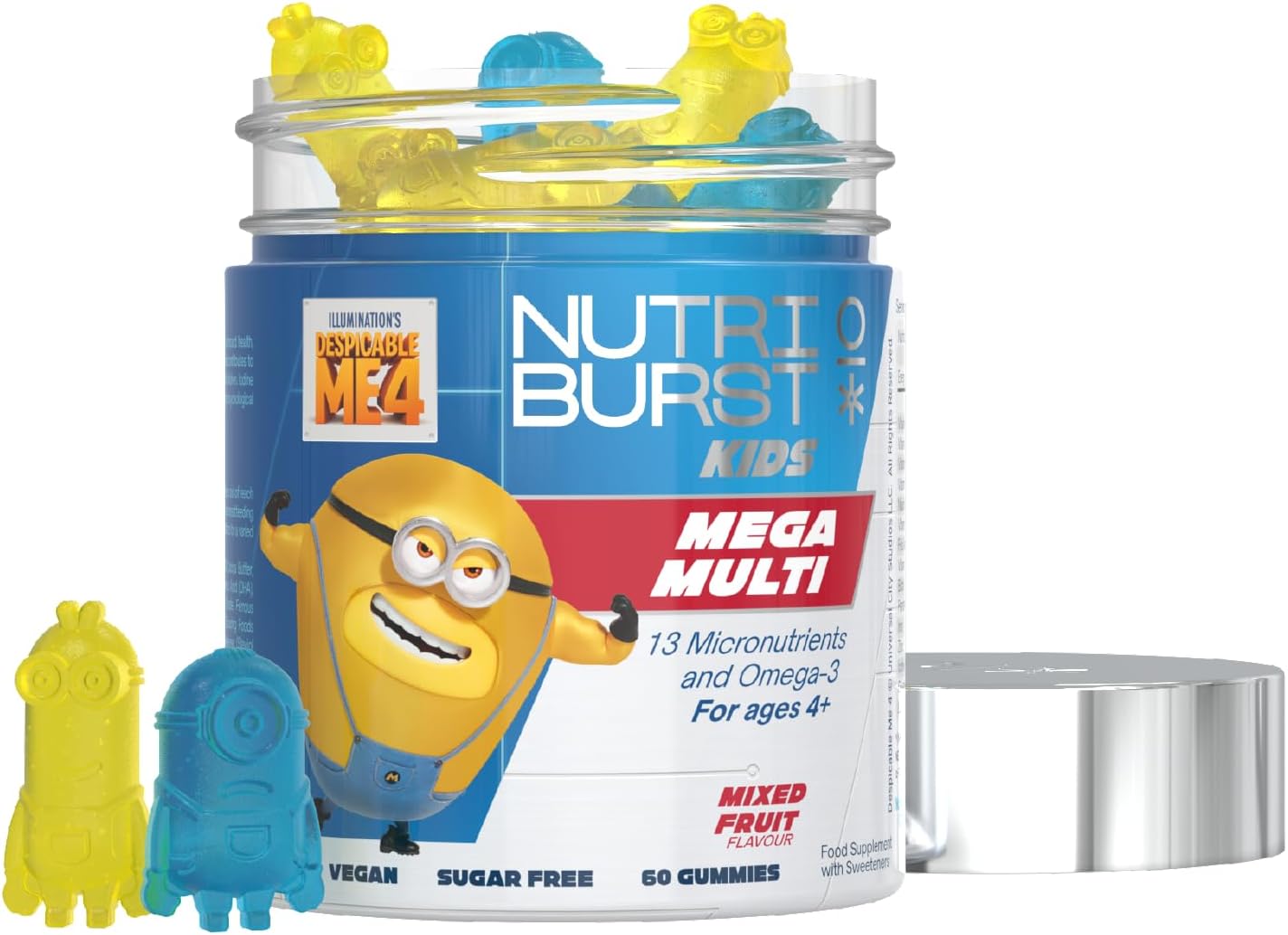 Nutriburst Minions Mega Multi Vitamins For Kids - Chewable Multivitamins For Growth & Development: Vitamin A, B12 C, D3, E, Iron, Omega-3 - Vegan + Sugar Free - Fruity Flavour - 60 Gummies