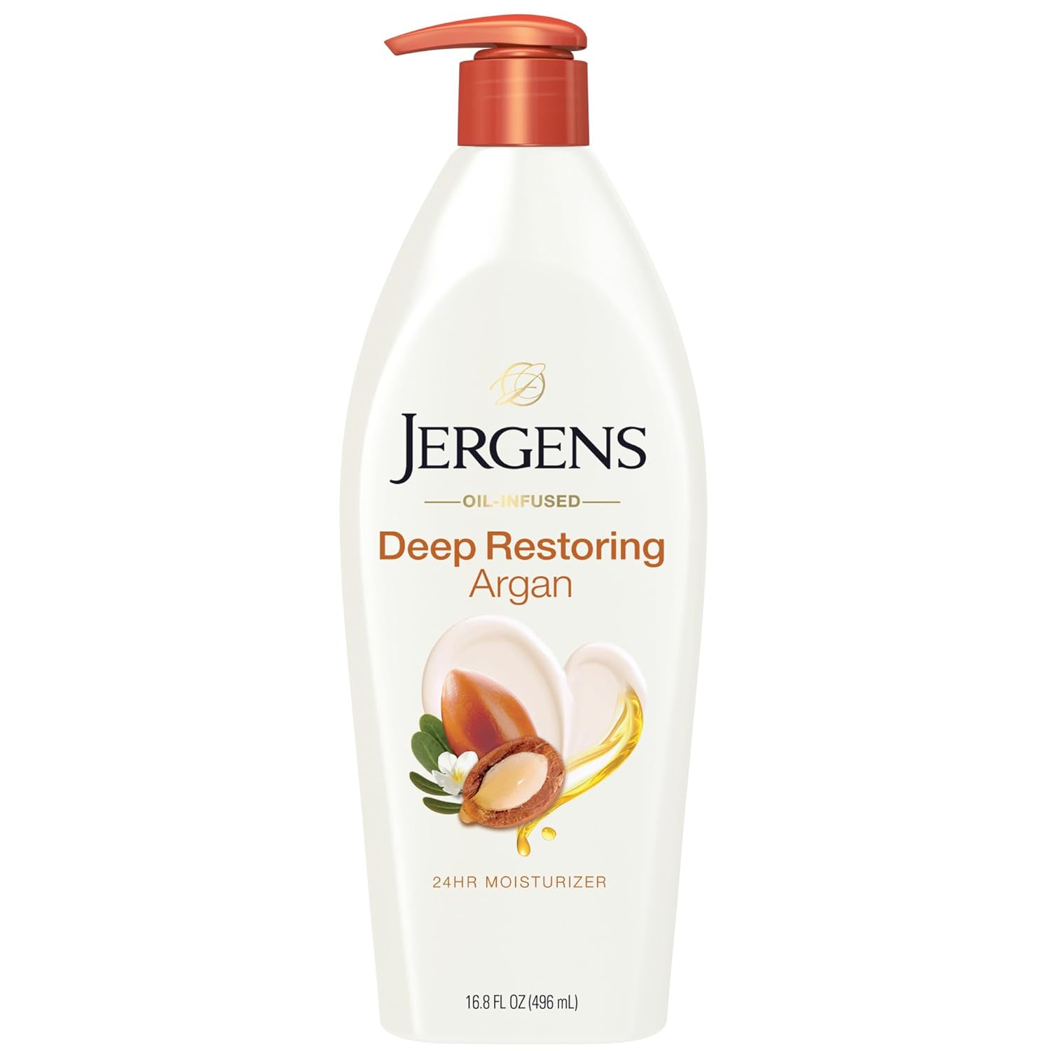 Jergens Deep Restoring Argan Oil Moisturizer, Soothing Body and Hand Lotion, 16.8 oz, with Reviving Argan Oil and Vitamin E, Oil-Infused, Dermatologist Tested