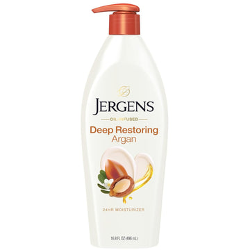 Jergens Deep Restoring Argan Oil Moisturizer, Soothing Body and Hand Lotion, 16.8 oz, with Reviving Argan Oil and Vitamin E, Oil-Infused, Dermatologist Tested