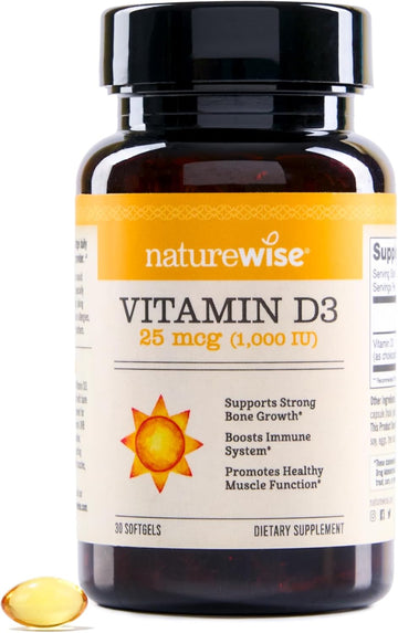 Naturewise Vitamin D3 1000Iu (25 Mcg) 1 Month Supply For Healthy Muscle Function, Bone Health And Immune Support, Non-Gmo, Gluten Free In Cold-Pressed Olive Oil, Packaging May V, 30 Count