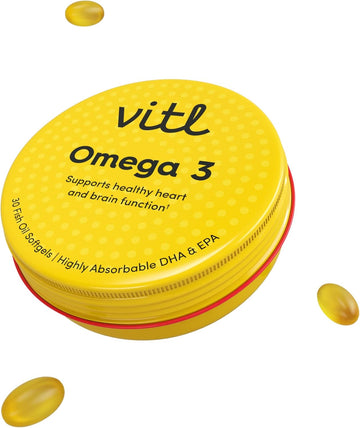 Vitl Omega 3 Fish Oil Supplement - 30 Easy To Swallow Softgel Capsules - Support Brain & Heart Health - 500Mg Fish Oil, 250Mg Dha & 50Mg Epa