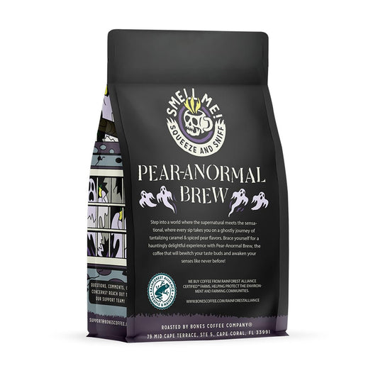 Bones Coffee Company Pear-A-Normal Brew Flavored Coffee Beans, Medium Roast Ground Coffee Low Acid, Caramel & Spiced Pear Flavor (12 Oz)
