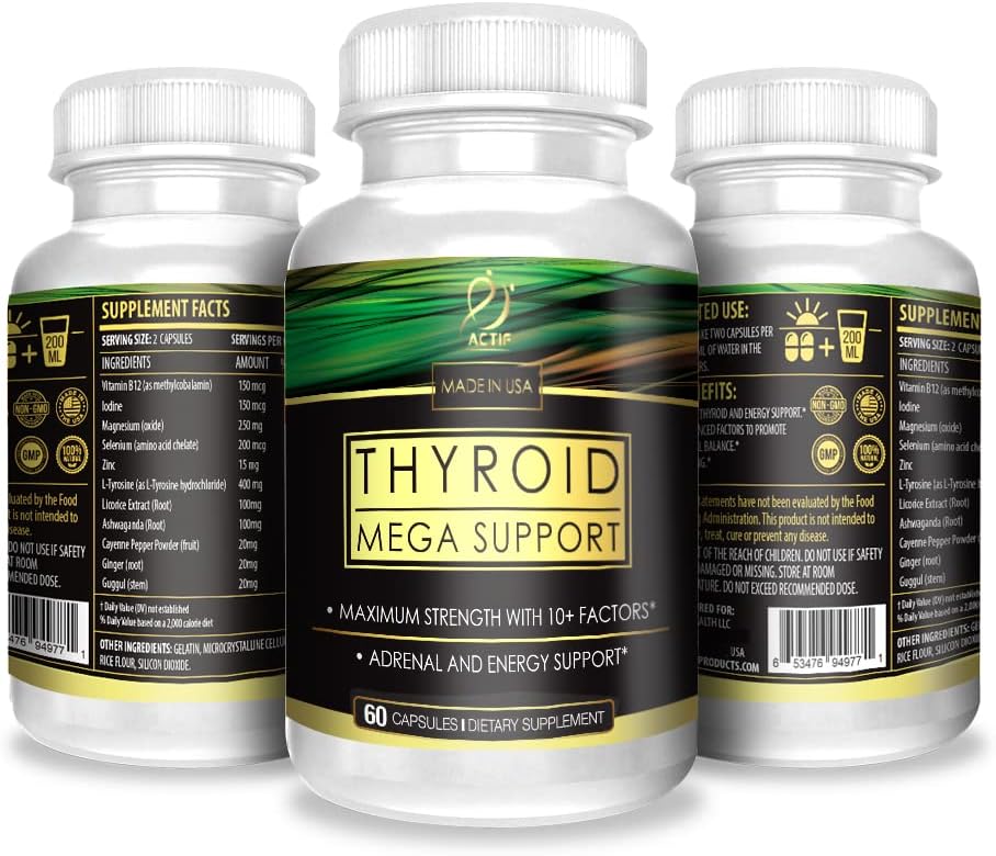 ACTIF Thyroid Mega Support - Maximum Strength with 10+ Thyroid Factors - Supports Energy, Metabolism, Adrenal Fatigue & Stress Response - Non GMO, 1 Month Supply, Made in USA : Health & Household