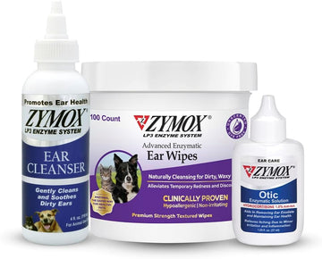 Zymox Enzymatic Ear Wipes, Ear Cleanser, & Otic Ear Solution For Dogs And Cats - Product Bundle - For Dirty, Waxy, Smelly Ears And To Soothe Ear Infections, 100 Ct, 8 Oz And 1.25 Oz