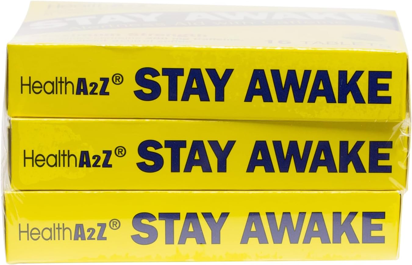 HealthA2Z® Stay Awake | 200 mg Caffeine | Alertness Aid with Caffeine | 3 Packs of 16 Tabelts (48 Tablets Total) | Maxium Strength : Health & Household