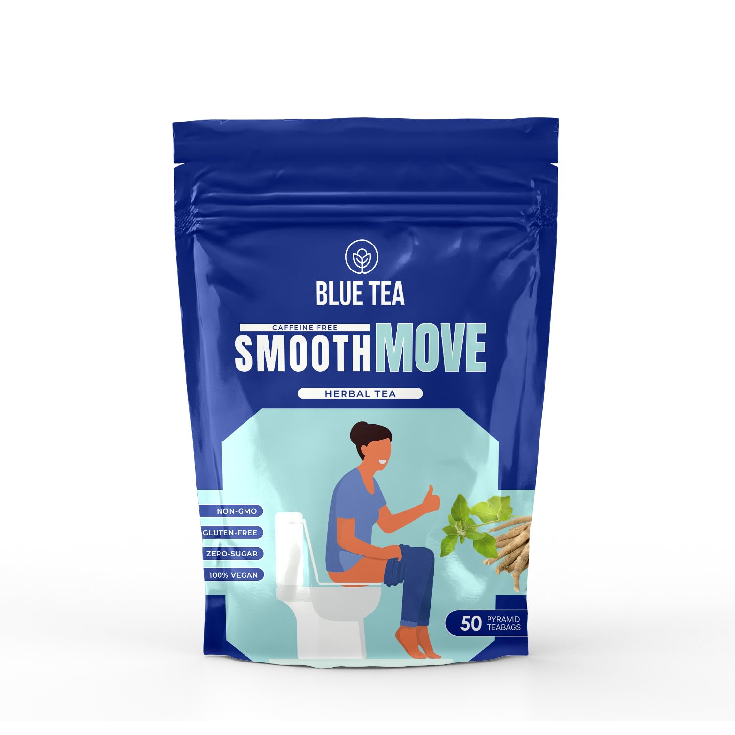 Blue Tea - Smooth Move Tea - 50 Plant Based Tea Bags | Natural Relaxation | Super Anti-Oxidant | Herbal Tea - Caffeine Free - Vegan - Non-Bitter | Zipper Pack