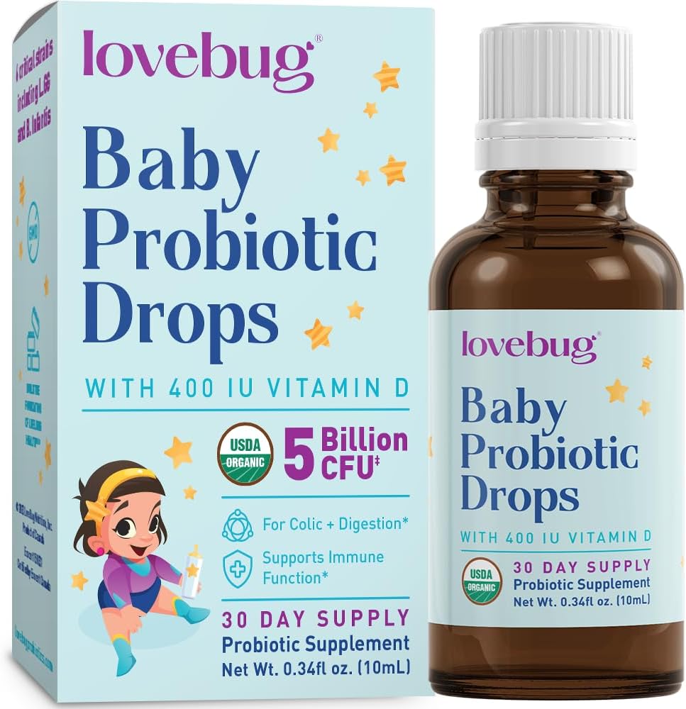 Lovebug Award Winning Usda Organic Probiotic For Infants & Babies | Helps With Colic, Reflux, Diarrhea, Constipation & Gas | Multi-Strain 5 Billion Cfu | Liquid Drops | Ages 0-24 Months