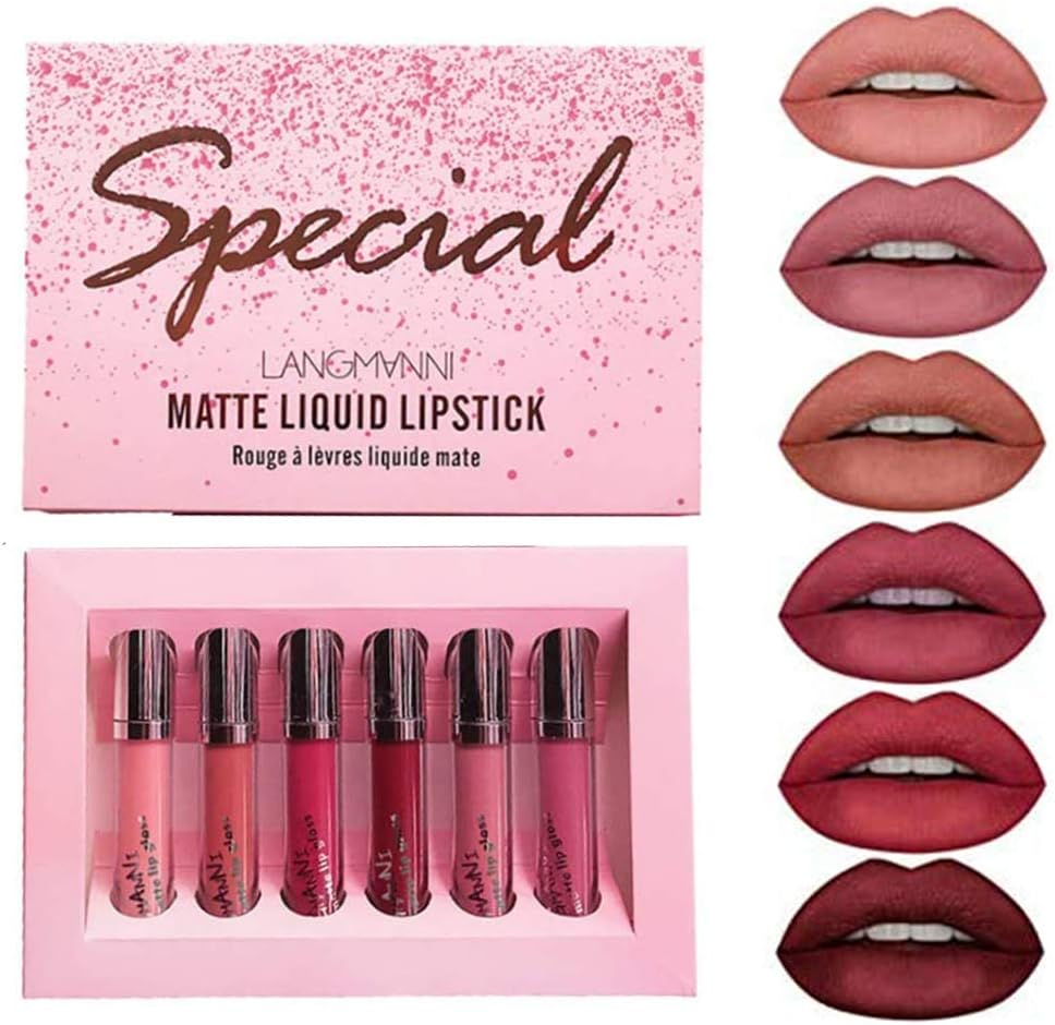 6 Colors Matte Lipstick Set Velvety Liquid Lipstick Kit Waterproof Long Lasting Durable Nude Lipgloss Set Red Sexy Non-Stick Cup Lips Makeup Set