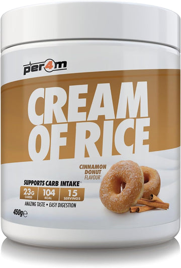 Per4M Cream Of Rice | 15 Servings | High Carbohydrate Cream Of Rice | Breakfast Replacement | Low Sugar Gym Supplements 450G New Improved Formula (Cinnamon Donut, 450G)