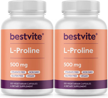 Bestvite L-Proline 500Mg (240 Vegetarian Capsules) (120 X 2) - No Stearates - No Fillers - Vegan - Gluten Free - Non Gmo