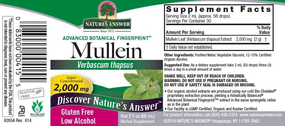 Nature's Answer Mullein Leaf with Organic Alcohol 2000mg 2oz Extract | Supports Respiratory Function | Vegan, Non-GMO, Gluten-Free, Kosher | Single Count : Health & Household