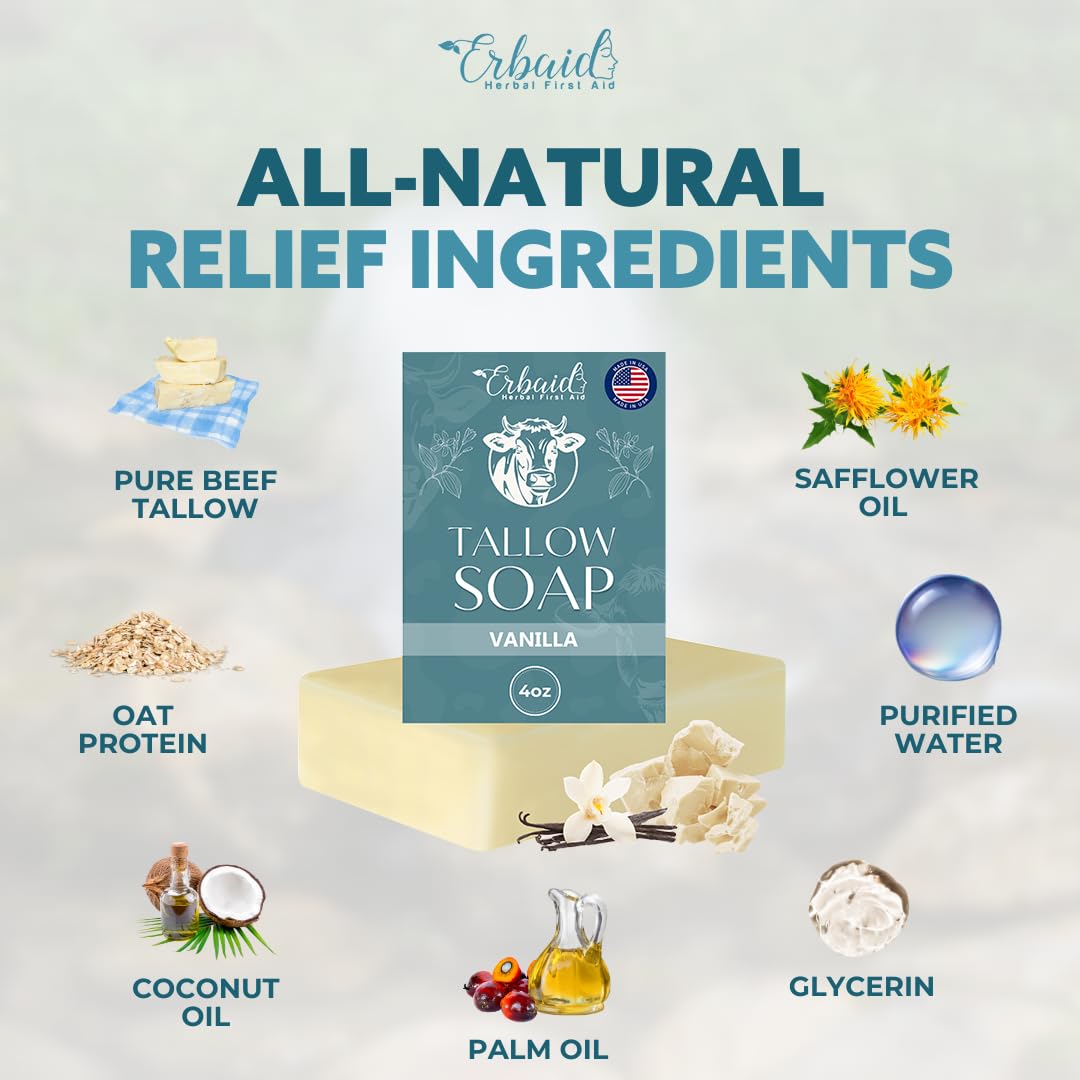 Beef Tallow Soap Bar – All Natural Grass Fed Tallow Soap Vanilla – Moisturizing Face & Body Wash Great For Eczema, Dry, Itchy, Sensitive Skin – Handcrafted Bath Soap For Adults, Kids, Made In Usa