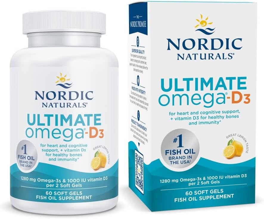 Nordic Naturals Ultimate Omega-D3, Lemon Flavor - 60 Soft Gels - 1280 mg Omega-3 + 1000 IU Vitamin D3 - Omega-3 Fish Oil - EPA & DHA - Promotes Brain, Heart, Joint, & Immune Health - 30 Servings