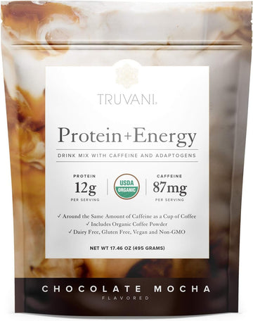 Truvani Protein + Energy Drink Mix | 87Mg Caffeine | 12G Protein | Chocolate Mocha | 20 Servings | Usda Organic, Vegan, Dairy & Gluten-Free, Non-Gmo