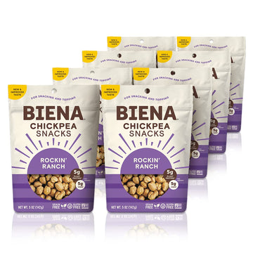 Biena Crispy Roasted Chickpea Snacks, Rockin’ Ranch, High Protein Snacks, High Fiber Snacks, Gluten Free, Plant-Based, Non-GMO, Healthy Snacks for Adults and Kids, 8-Pack 5 Ounce Bags