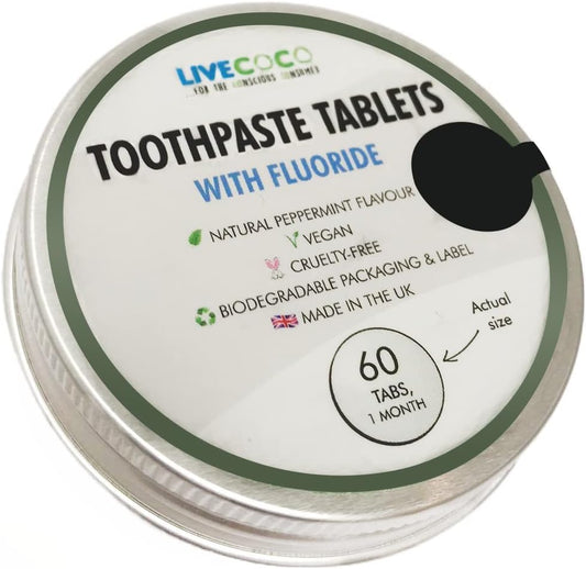 Livecoco Toothpaste Tablets With Fluoride, Teeth Whitening Tabs For Clean Teeth And Fresh Breath, Vegan And Travel Friendly, Peppermint Flavour, 60 Tabs
