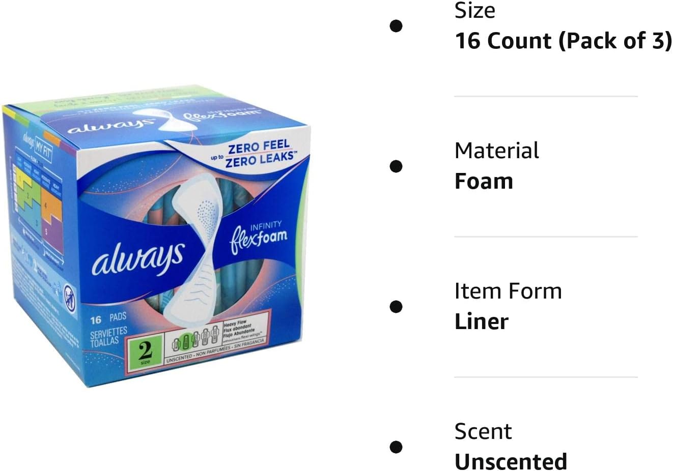 Always Pads Size 2 Infinity With Flex Foam 16 Count Heavy Flow (Pack of 3) : Sports & Outdoors