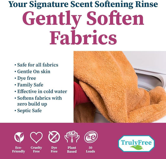 Truly Free Fabric Softening Conditioner For Clothes| Safe For Babies & Kids With Sensitive Skin | Plant-Based | Include 1 Refillable 50Oz Bottle With Measuring Cap| Signature Scent (50 Loads)