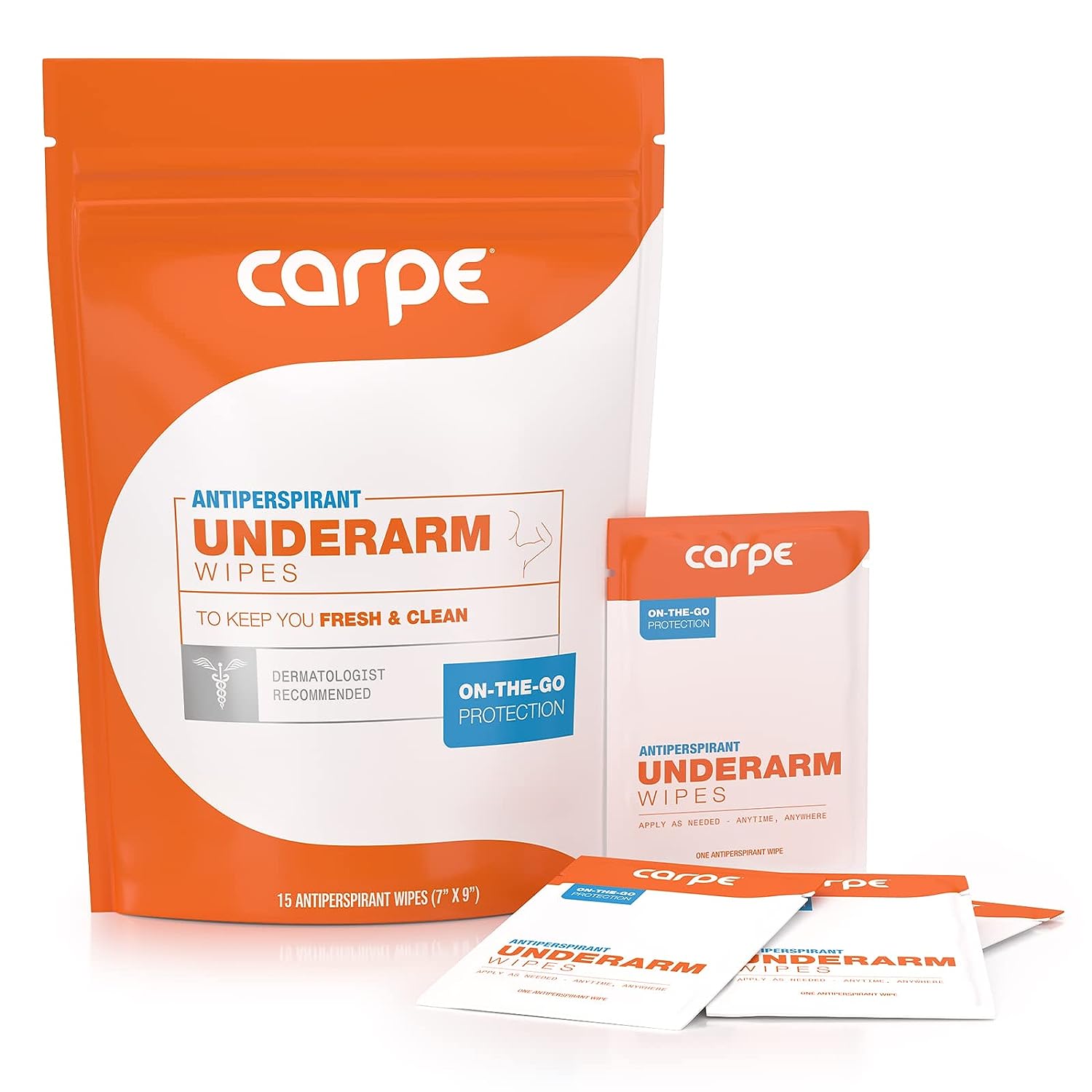 Carpe Antiperspirant Underarm Wipes for Sweat Blocking, Deodorizing, and Cleansing When You’re On the Move - 15 Residue Free, Individually Wrapped Wipes - Clean and Refreshing Scent