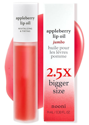 Nooni Korean Vegan Lip Oil - Appleberry Jumbo | Lip Stain, Long-Lasting, Moisturizing, Plumping, Revitalizing, And Tinting For Dry Lips With Raspberry Fruit Extract, Valentine Day Gifts, 0.30 Fl Oz