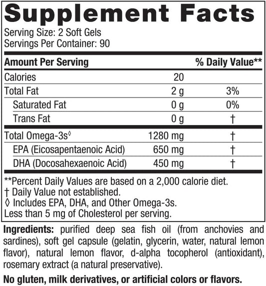 Nordic Naturals Ultimate Omega, Lemon avor - 180 Soft Gels - 1280 mg Omega-3 - High-Potency Omega-3 Fish Oil with EPA & DHA - Promotes Brain & Heart Health - Non-GMO - 90 Servings