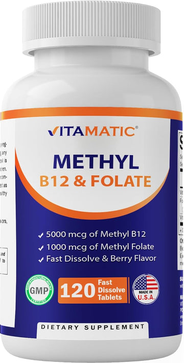 Vitamatic Methyl Folate & B12 Supplement with Pyridoxal 5 Phosphate (P-5-P) - Promotes Cardiovascular Health & Energy Metabolism - 120 Fast Dissolve Tablets - Non GMO & Gluten Free