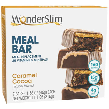 Wonderslim Meal Replacement Protein Bar, Caramel Cocoa, 15G Protein, 20 Vitamins & Minerals, Gluten Free (7Ct)