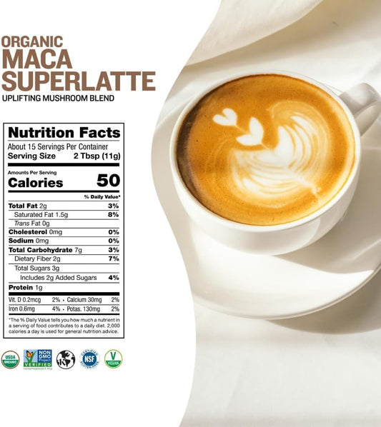 Sunfood Superfoods Maca Superlatte Powder Drink Mix with Reishi Mushrooms and Gelatinized Maca | 6oz Bag | Organic, Non-GMO, Vegan