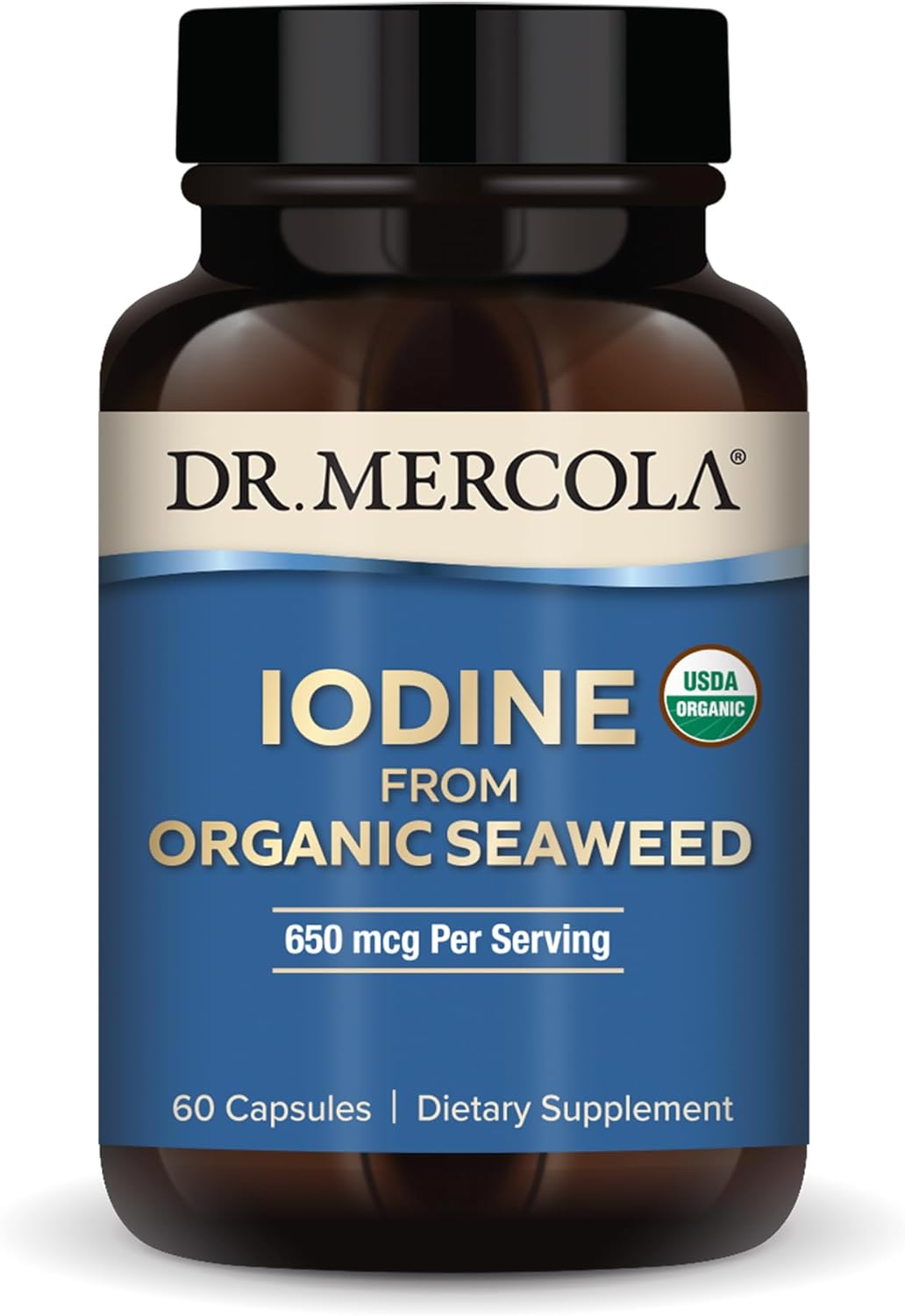 Dr. Mercola Iodine from Organic Seaweed, 650 mcg Per Serving, 30 Servings (60 Capsules), Dietary Supplement, Thyroid and Energy Support, Non-GMO, USDA Organic