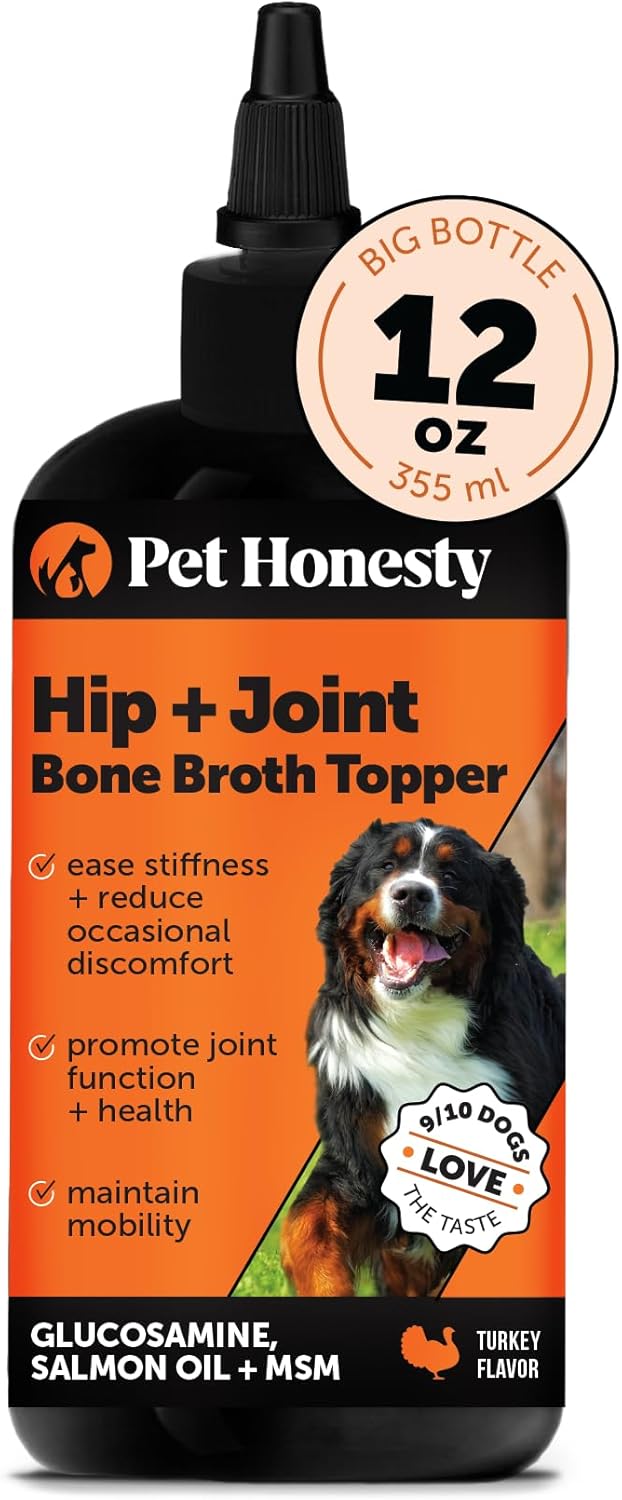 Pet Honesty Dog Joint Supplement With Salmon Oil For Dogs - Ease Stiffness, Reduce Discomfort & Support Joint Mobility Liquid Supplement, Dog Food Topper Bone Broth With Glucosamine For Dogs (12 Oz)