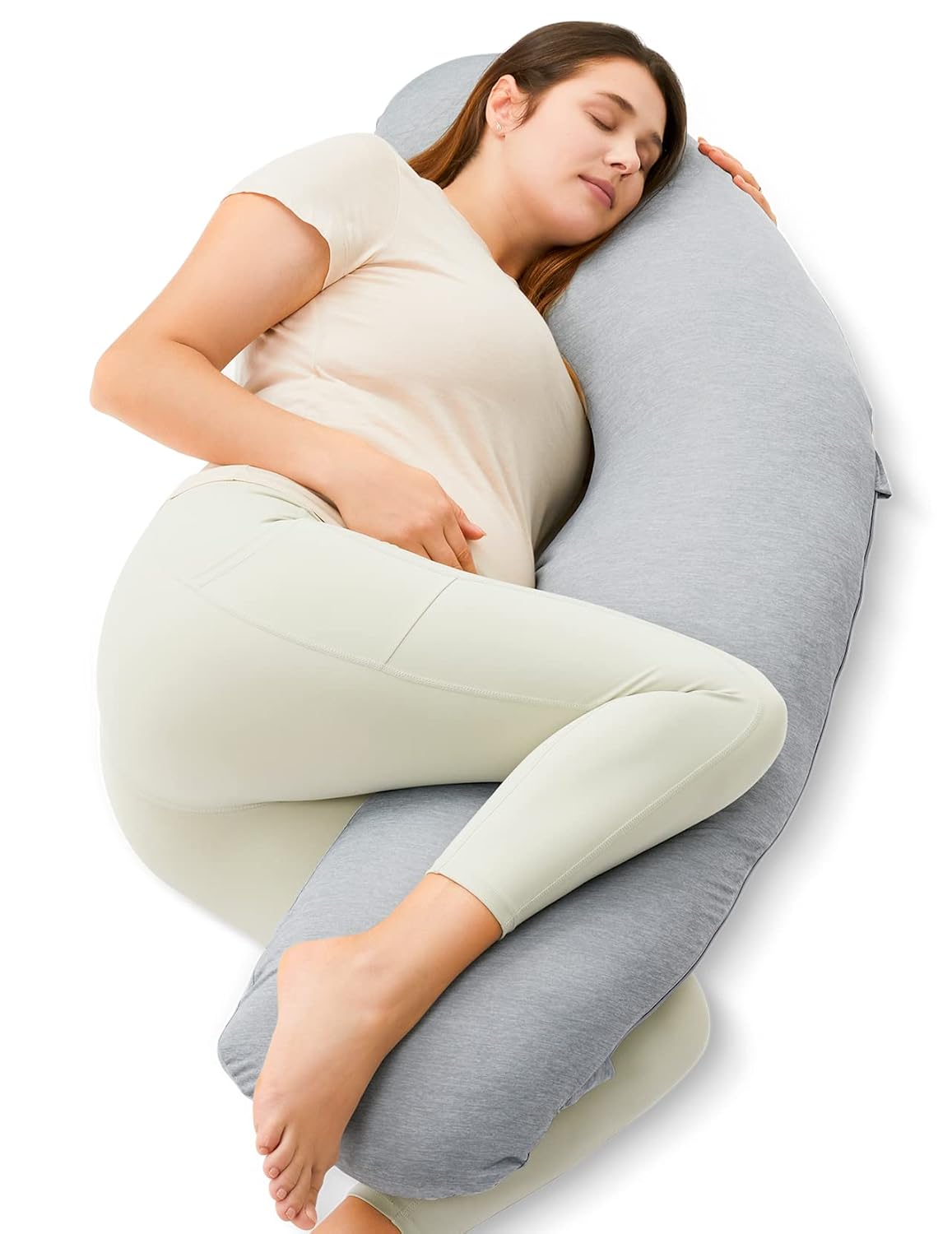 Momcozy Pregnancy Pillows With Cooling Cover, J Shaped Maternity Body Pillow For Pregnancy, Pregnancy Must Haves, Side Sleeper Pillow For Belly Hip Legs Support