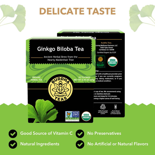 Buddha Teas - Organic Ginkgo Biloba Tea - Herbal Tea - For Health & Wellbeing - With Antioxidants & Minerals - Clean Ingredients - Caffeine Free - Ou Kosher & Non-Gmo - 18 Tea Bags (Pack Of 1)