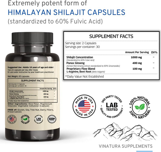 Shilajit Pure Himalayan Capsules (60% Fulvic Acid) - 1500Mg With Panax Ginseng, Shilajit Supplement Per Serving - High In Trace Minerals *Usa Made & Tested* Immune Support