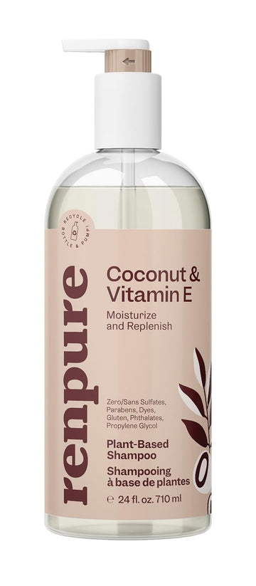 Renpure Plant Based Coconut And Vitamin E Moisturize And Replenish Shampoo - Ideal For Lifeless Hair - Leaves Hair Silky And Smooth - Rids Hair Of Grime - Recyclable, Pump Bottle Design - 24 Fl Oz