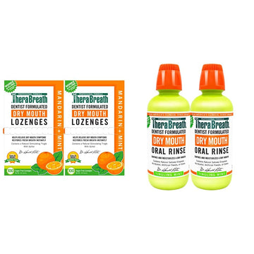 TheraBreath Dry Mouth Lozenges with Zinc, Mandarin Mint, 100 Lozenges (Pack Of 2) and Dry Mouth Oral Rinse, 16 Ounce Bottle (Pack Of 2)