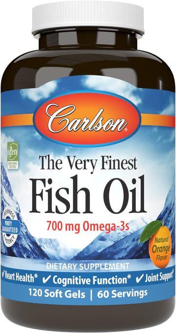 Carlson - The Very Finest Fish Oil, 700 mg Omega-3s, Norwegian Fish Oil Supplement, Wild Caught Omega 3 Fish Oil, Sustainably Sourced Fish Oil Capsules, Omega 3 Supplement, Orange, 120 Softgels