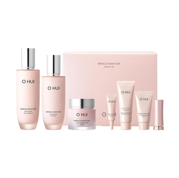 O Hui Miracle Moisture Set | K-Beauty Set, 3 Full Size + 4 Travel Essentials | Helps Strengthen Skin Barrier | Glass Skin | Face Cream, Skin Softener Lotion, Face Wash, Emulsion | Ceramide, Peptide