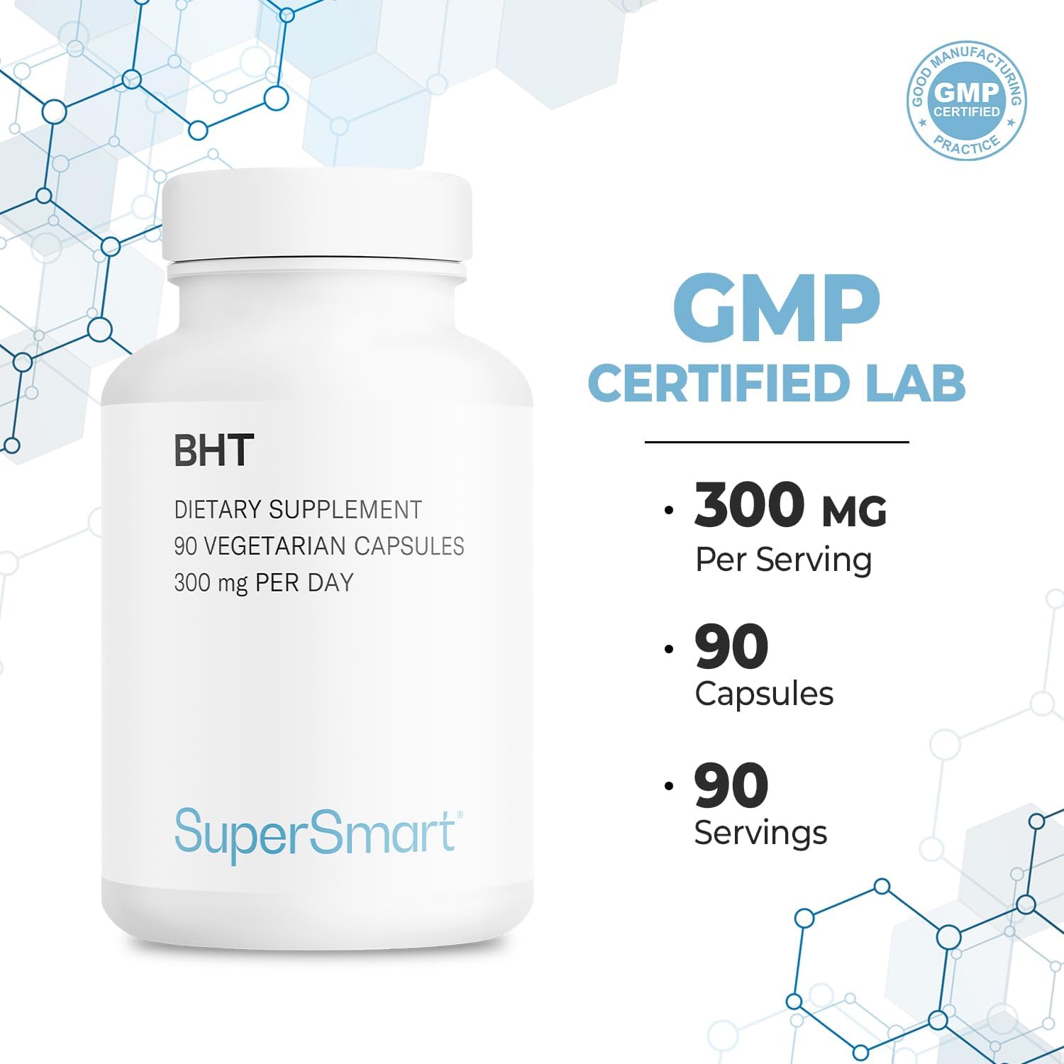 Supersmart - Bht Supplement 300Mg Per Day - Butylated Hydroxytoluene | Non-Gmo & Gluten Free - 90 Vegetarian Capsules : Health & Household